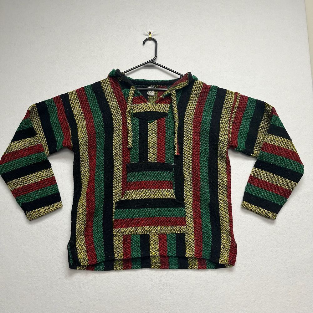 Boho Striped Baja Hoodie Mexican Poncho Pullover Rasta Festival Hippie Sweater